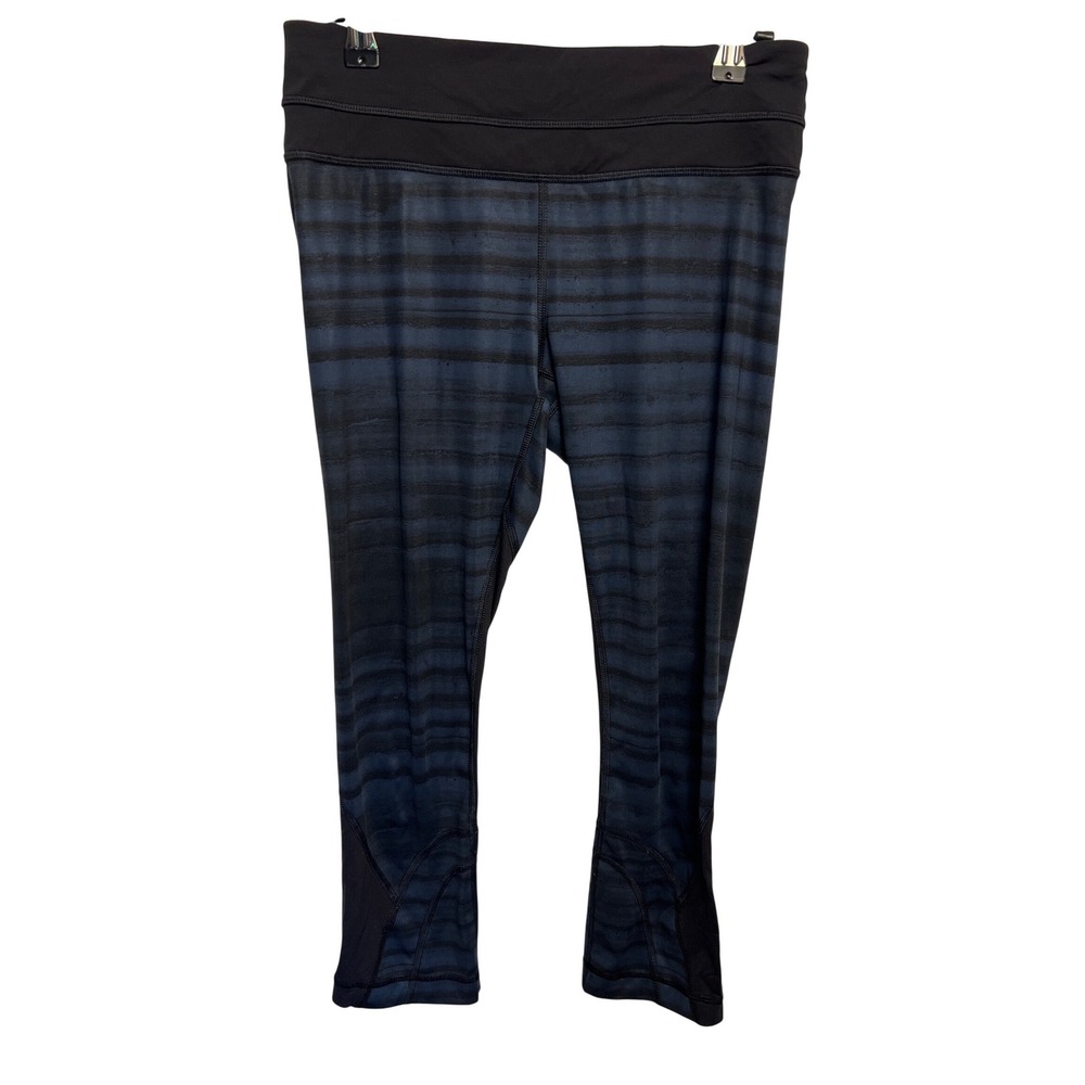 Lululemon Run Inspire Crop II Leggings Navy Blue Black Striped Mesh 4 Yoga Sport